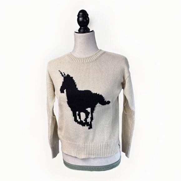Lira Knit Sweater Womens Small Black Unicorn Pullover Acrylic Open At Elbow Crew - Picture 1 of 14